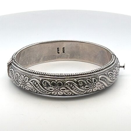 Vintage Sterling Silver Raised Flower Design Hinged Hollow Bangle Bracelet-31.6g