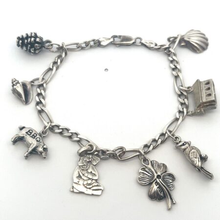 Italy 925 Sterling Silver Cuban Link Charm Bracelet 8 Charms 8” in Length 23.7g
