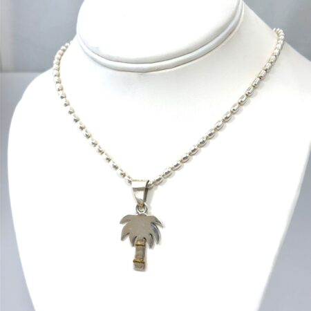 16” 925 Sterling Silver Rice Bead Chain Necklace w/ Palm Tree Pendant 20.2g