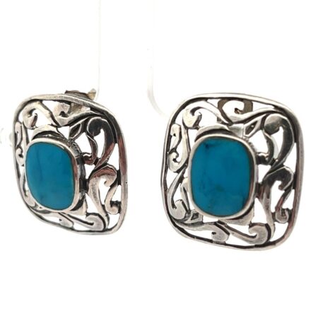 Vintage .925 Sterling Silver Turquoise, Square Scroll Earrings 3.9g