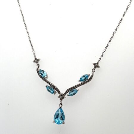 925 Sterling Silver Drop Necklace Pear Marquis Blue Topaz and White Topaz Stones