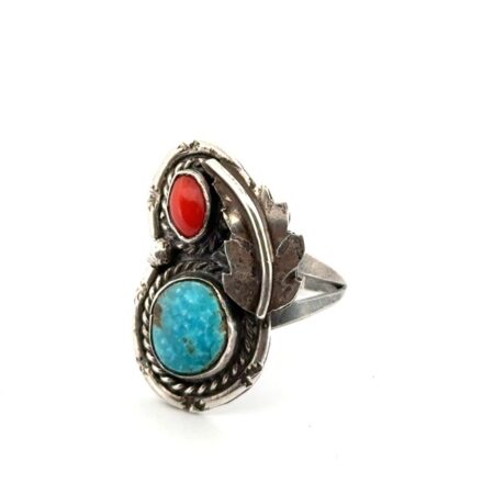 Size: 7 Navajo Native American 925 Sterling Silver Turquoise & Coral Ring 5.4g