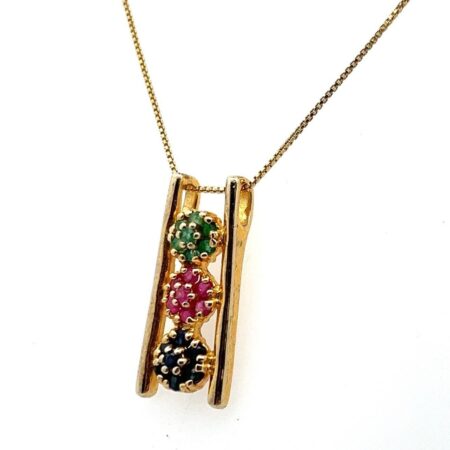 18” 925 SS Gold Vermeil, Ruby, Emerald & Sapphire Flower Pendant Necklace 4.3g