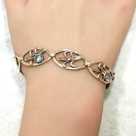 Vintage Sterling Silver 14k With 4 Round Blue Topaz Stone 7" Bracelet 13.7 Grams