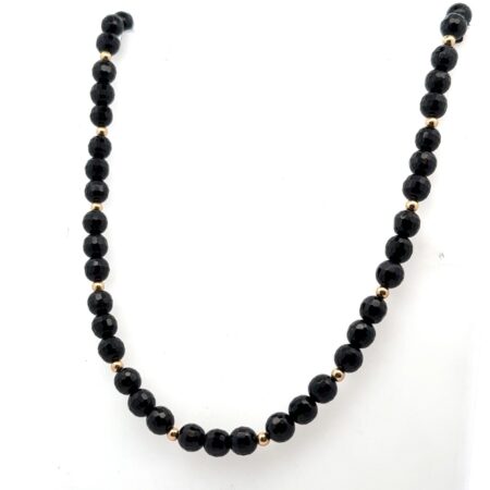 18” 14K Gold Bead & Crystal Cut Black Tourmaline Bead Necklace 1.0g