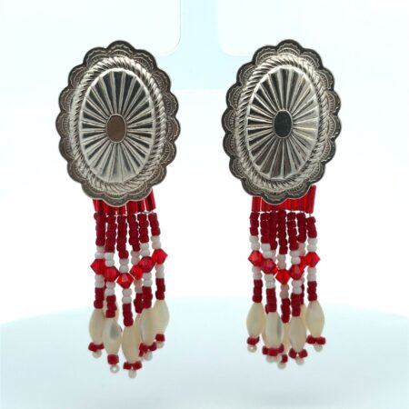 .925 Sterling Silver, Red & White Tassel, Native American Earrings - 20.0 Grams
