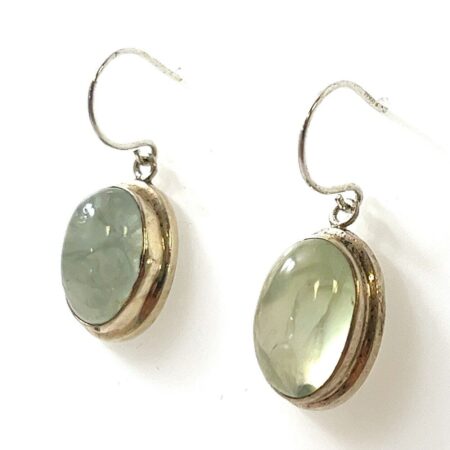 925 Sterling Silver Green Oval Stone Dangle Earrings 6.1g