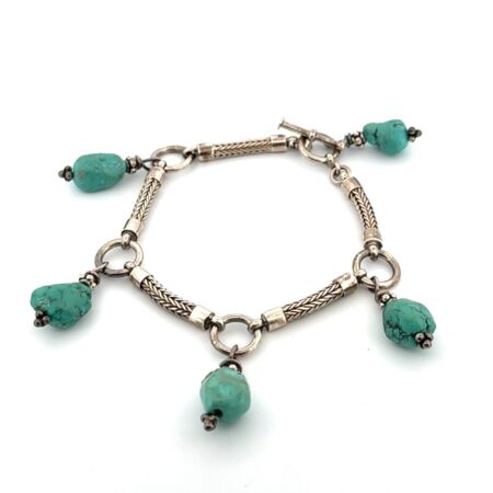 7” Turquoise Nugget Charm 925 Sterling Silver Bracelet 26.9g