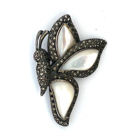 Vintage Sterling Silver, Mother of Pearl & Marcasite Leaf Brooch - 13.4 Grams