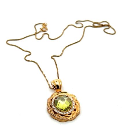 18” 925 Sterling Silver Gold Vermeil Faceted Green Stone Pendant, 8.6g