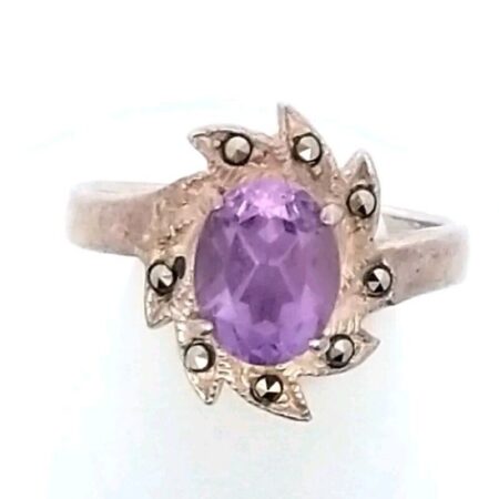 Sterling Silver Oval Amethyst & Marcasite Ring 4.1 Grams Size-8