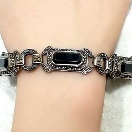 Vintage 925 Sterling Silver Onyx And Marcasite 8.5" Bracelet 34.8 Grams