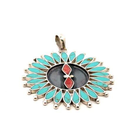 925 Sterling Zuni Star Coral Turquoise Inlay Round Disc Pendant, 6 Avail., 10.4g