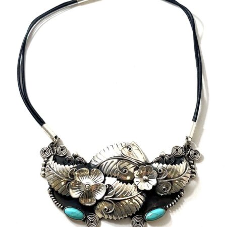 Large Taxco Mexico 950 Silver Floral Turquoise Pendant Necklace 83.7g