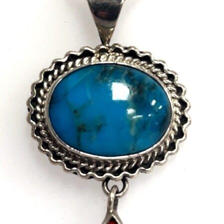 18” Sterling Silver Rope Chain, w/ Sterling Turquoise & Coral Drop Pendant 10.6G