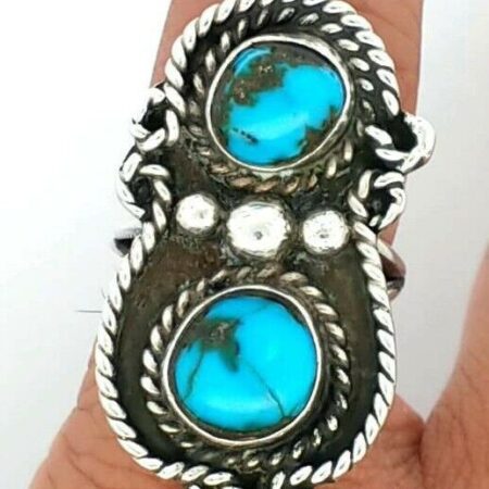 Vintage Navajo Double Turquoise 925 Sterling Silver Ring Size-7