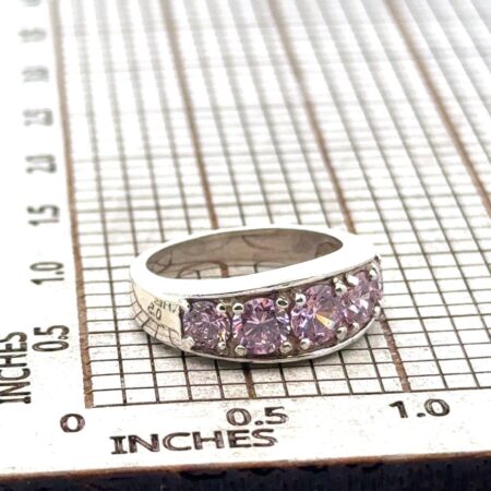 .925 Sterling Silver 5 Round Light Pink Stone Ring, Size-5.5, 5.4g