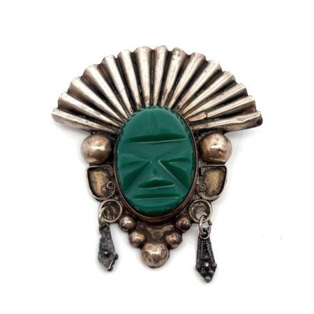 Vintage NSH Mexico 925 Sterling Silver Carved Green Onyx Tribal Face Brooch/Pin