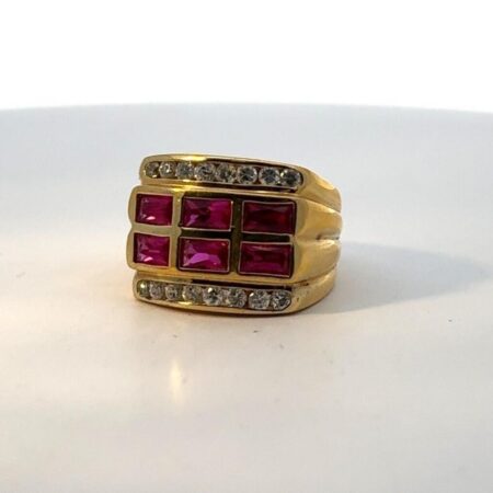 .925 Sterling Silver, Gold Vermeil Lab Rubies & CZ's Ring 9.3g
