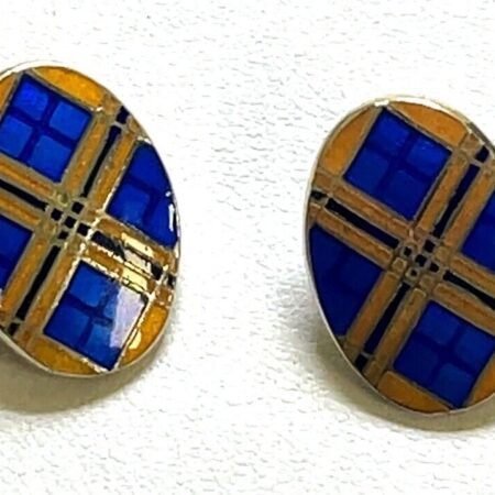 Sterling Silver, Cobalt Blue & Amber Color Enamel Oval Cufflinks 13.2 Grams