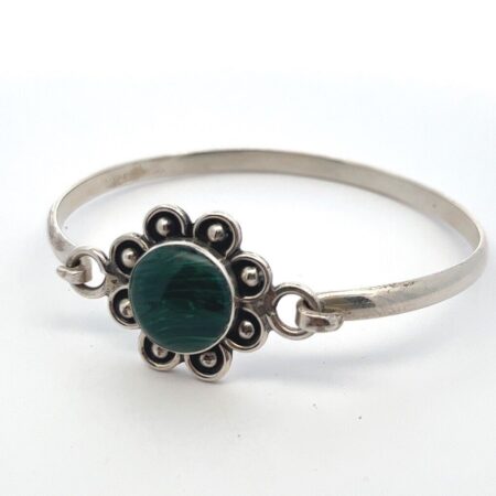 925 Sterling Silver Green Malachite 7” Bangle Bracelet Made in Mexico 18g