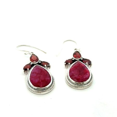 .925 Sterling Silver Natural Pear Rubies + Marquis + Garnet Earrings, &.1g