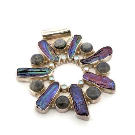925 Sterling Silver Pearl, Labradorite, & Opal Starburst Pendant 39.5g