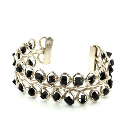 6.75” x 25mm Onyx Chip 925 Sterling Silver Cuff Bracelet 28.8g