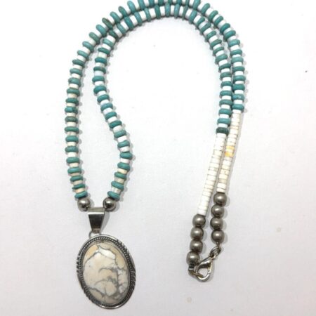 Henry Cecil, White Buffalo Turquoise Pendant w/ Turquoise & 925 Beaded Necklace