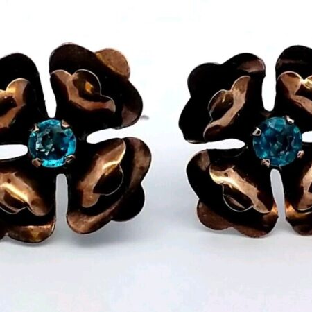 Vintage Sterling Silver Floral w/ Blue Stone Center Screw Back Earrings 6.6 Gram