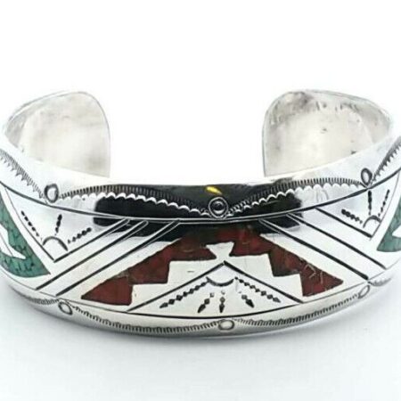 Jimmie Nezzie Coral & Turquoise Mosaic Inlay Sterling Cuff Bracelet - 6.5" Wrist