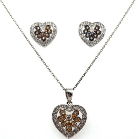 925 Sterling Silver CZ 18” Heart Pendant Necklace & Matching Earrings Set 6.9g