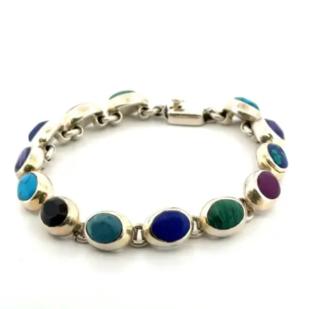 7” Mexico 925 Sterling Silver Multi-Stone Link Bracelet 29.4g