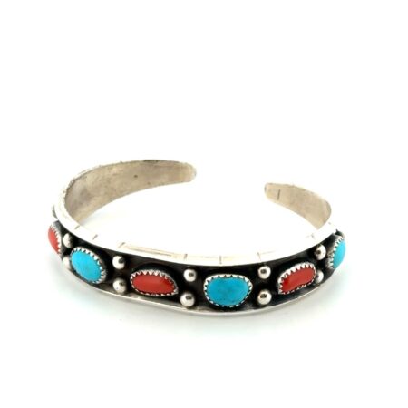 6.5” RC 925 Sterling Silver Turquoise & Coral Zuni Shadow Box Cuff Bracelet 20g