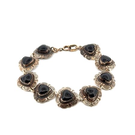 7” Rita Begay 925 Sterling Silver Onyx Heart Link Bracelet 14.4g