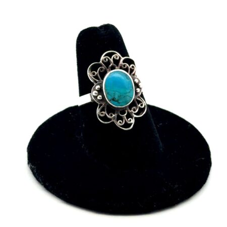 .925 Sterling Silver Turquoise Filigree Floral Ring, Size - 6.5, 3.5g