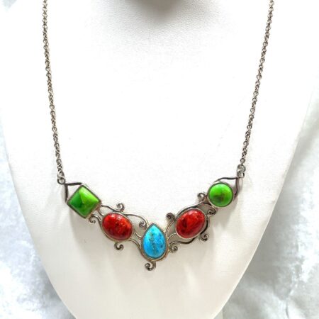 18+2 Inch Sterling Silver Multicolor Turquoise Scroll Necklace, NK Thailand