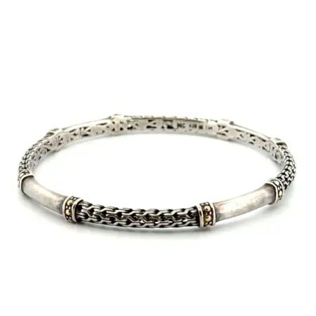 7.75” 925 Sterling Silver & 14k Gold Accented Intricate Bangle Bracelet 13.4g
