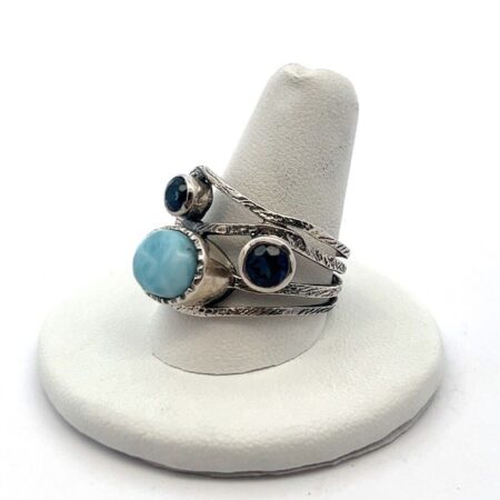 India 925 Sterling Silver Larimar & Blue Stones Bezel Set Ring Size: 11