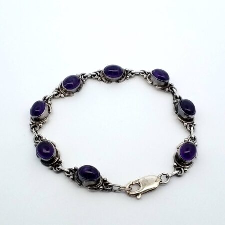 925 Sterling Silver & Amethyst Cabachon 7.25" Oval Link Bracelet 12.0 Grams