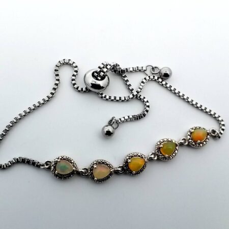925 Sterling Silver Box Chain & Fire Opal Bollo Bracelet 5.5 Grams
