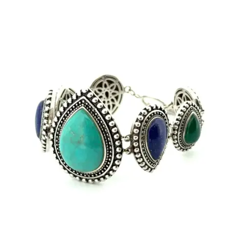7” ATI Thailand 925 Sterling Silver Multi-Stone Pear Shape Link Bracelet 56g