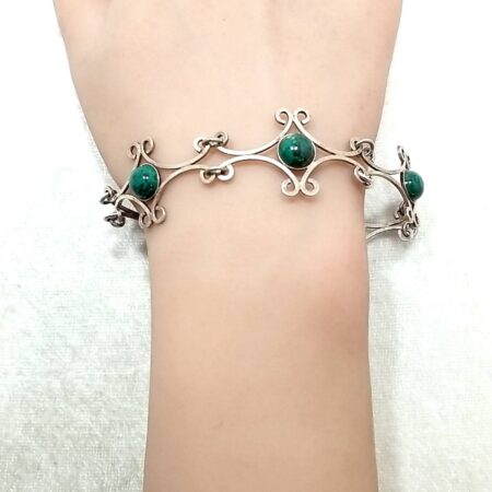 Sterling Silver & Malachite 8" Bracelet Open Scholl Pattern 13.1 Grams
