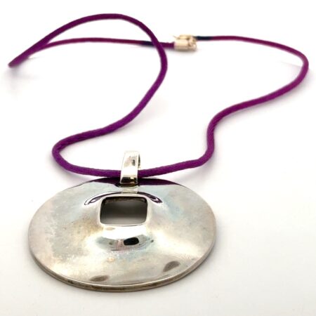18” Robert Lee Morris 925 Sterling Large Round Disc On Satin Purple Cord, 32.2g