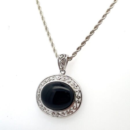 20” Oval Onyx Filigree Pendant Rope Chain Necklace 925 Sterling Silver 15.3g