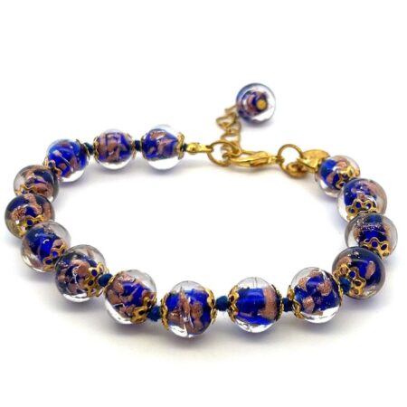 8” Blue & Gold Color Murano Glass Beaded Bracelet w/ Box and COA 15.4g