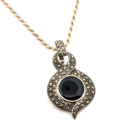 17” Onyx & Marcasite 925 Sterling Silver Pendant Rope Chain Necklace 22.8g