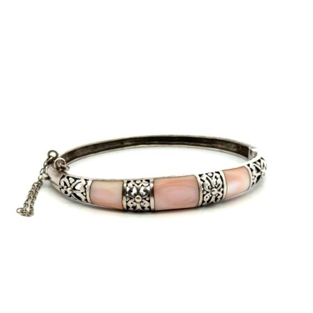 .925 Sterling Silver Pink Mother Of Pearl Hinged Bangle Bracelet, 6”, 15.9g