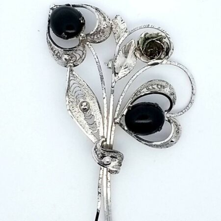 Vintage Sterling Silver & Onyx Flower Brooch/Pin Marked JJJ 10.0 Grams