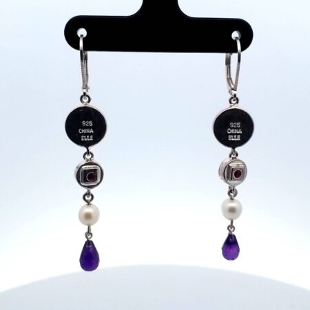 Elle Sterling Silver Amethyst, Ruby, & Pearl Dangle Earrings 5.1 Grams